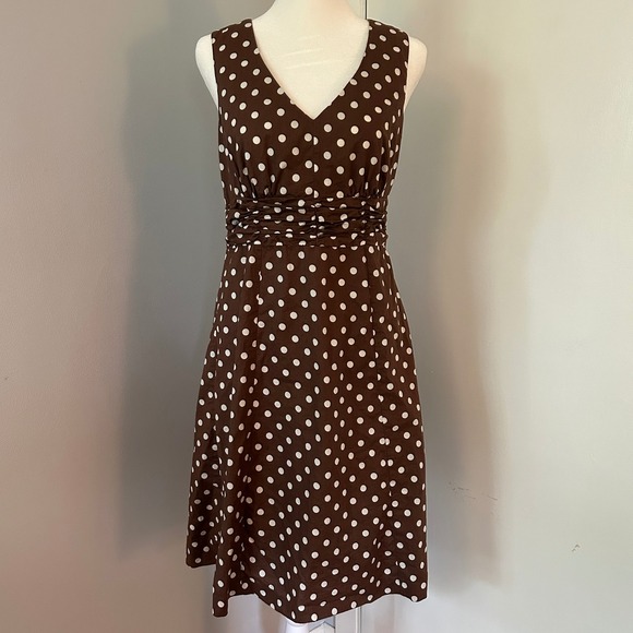 Boden Brown Polka Dot Dress V-Neck Sleeveless Ruched Waist Casual Womens‎ 6R - Picture 1 of 12